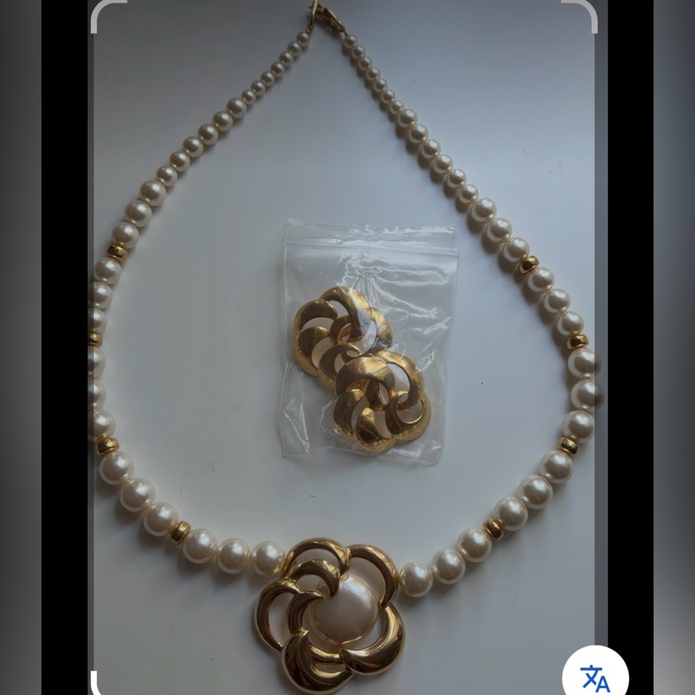 Napier Cream Pearl Necklace with Gold Floral Motif